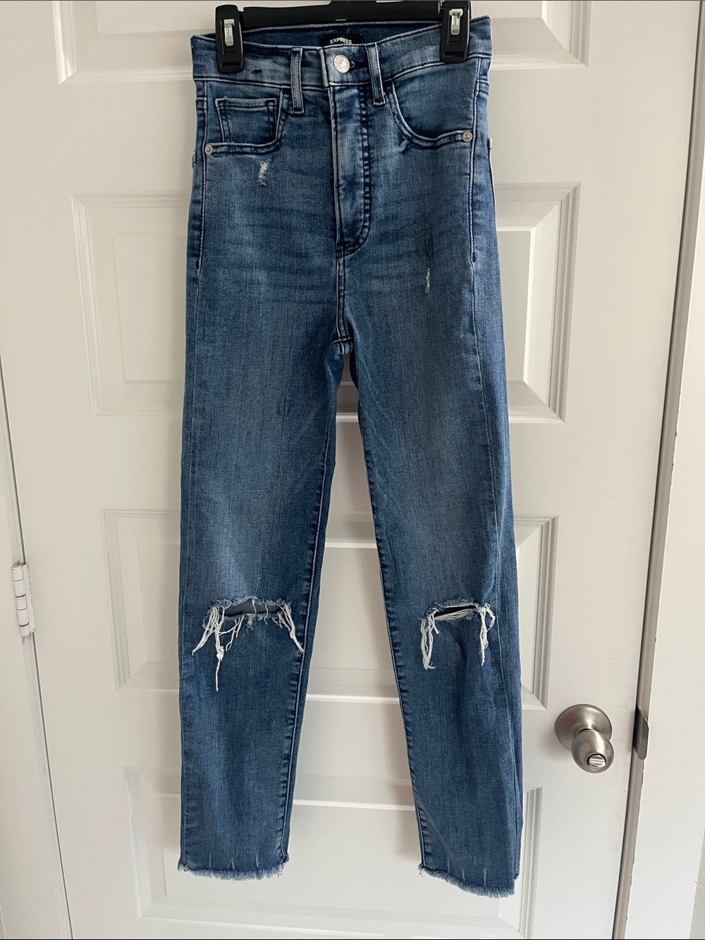 Express Slim Super High Rise Distressed Blue Jeans